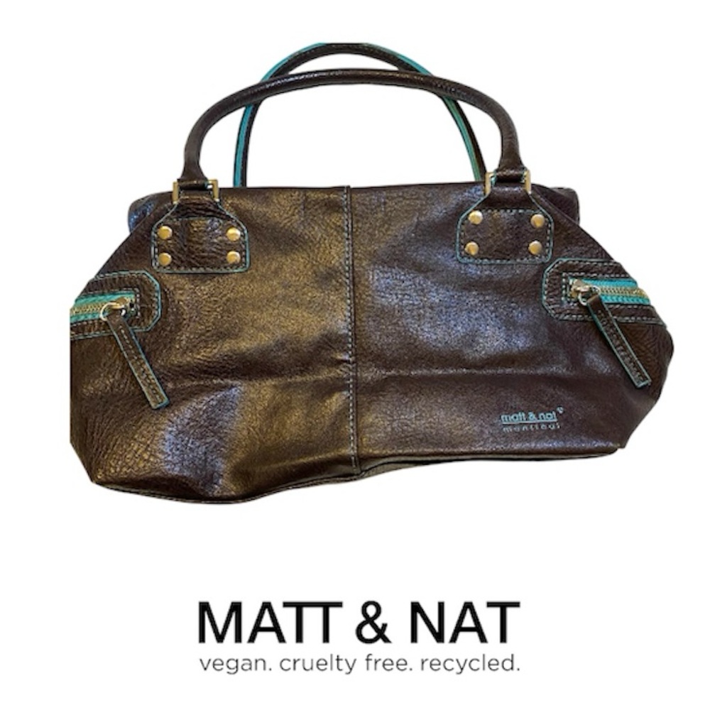 🇨🇦 Matt & Nat Shoulder Bag in Brown Vegan Leather with turquoise details